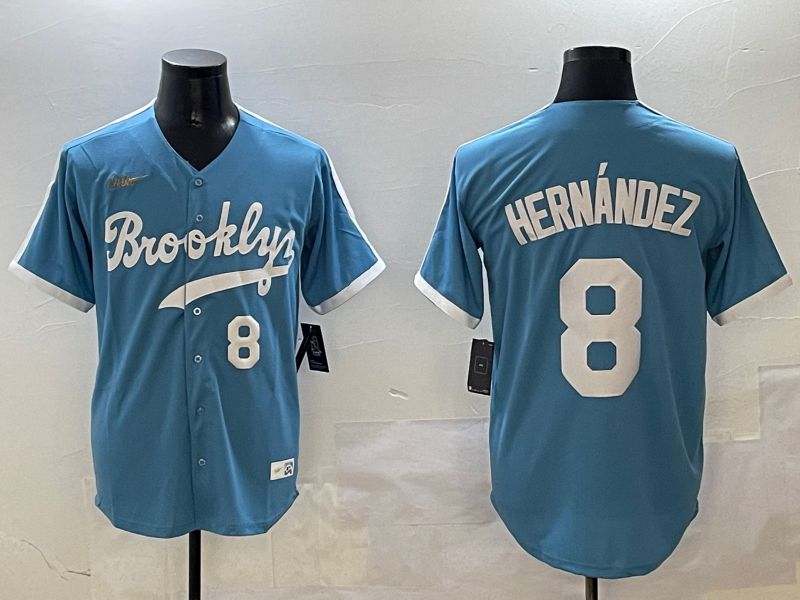 Men Los Angeles Dodgers #8 Hernandez Light Blue Throwback Game 2025 Nike MLB Jersey style 3066